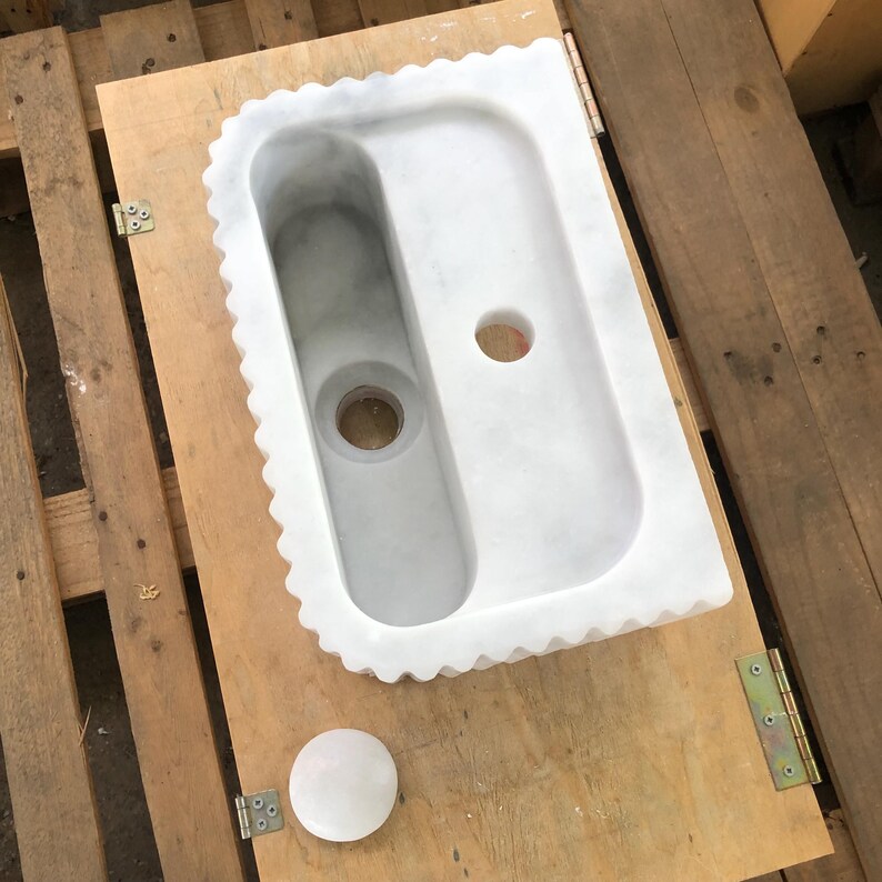 Handmade Glossy White Carrara Marble Sink, Fluted Front, Wall-Mounted or Countertop Vanity, 35x22x15cm Ideal for Bathroom, Office, Farmhouse