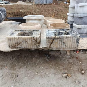 Calacatta Marble Double Sink Set – Hand-Carved, Wall-Mount or Countertop, Bamboo Design, Custom Stone Sink, Custom Marble Sink