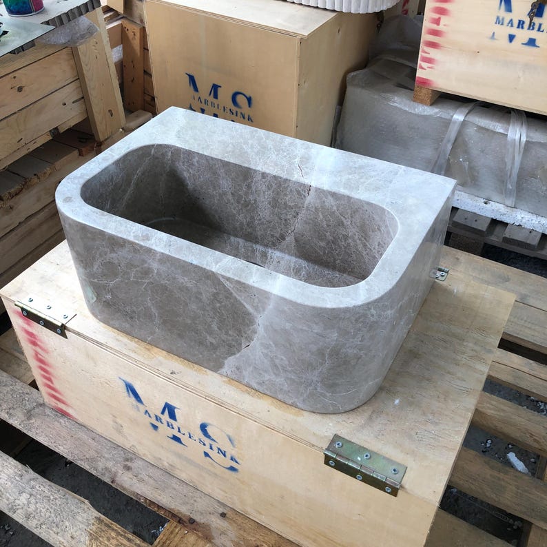 Custom Marble Sink Wall Mounted or Vanity Top Bathroom Sink Hand-Carved Natural Stone Powder Room Sink Emperador Marble  Custom Vanity