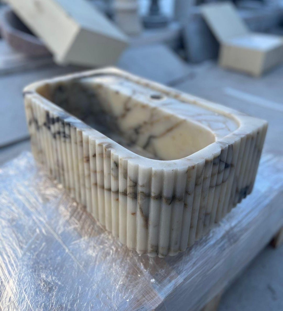 Fluted Design Marble Wall Mount Sink: Handmade Stone Vessel Vanity