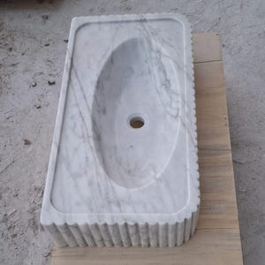 Carrara Marble Wall Mount Sink – Handmade Fluted Vanity Basin – Custom Floating Stone Sink – Modern Bathroom Vessel