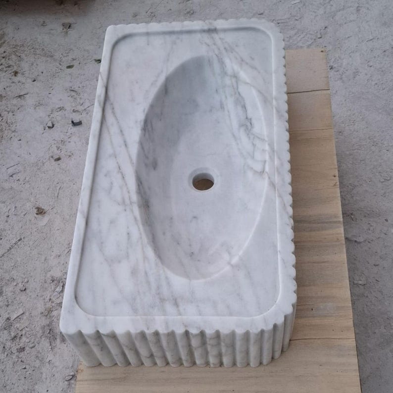 Carrara Marble Wall Mount Sink – Handmade Fluted Vanity Basin – Custom Floating Stone Sink – Modern Bathroom Vessel
