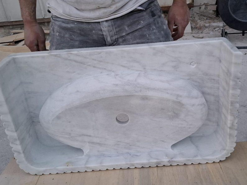Carrara Marble Wall Mount Sink – Handmade Fluted Vanity Basin – Custom Floating Stone Sink – Modern Bathroom Vessel