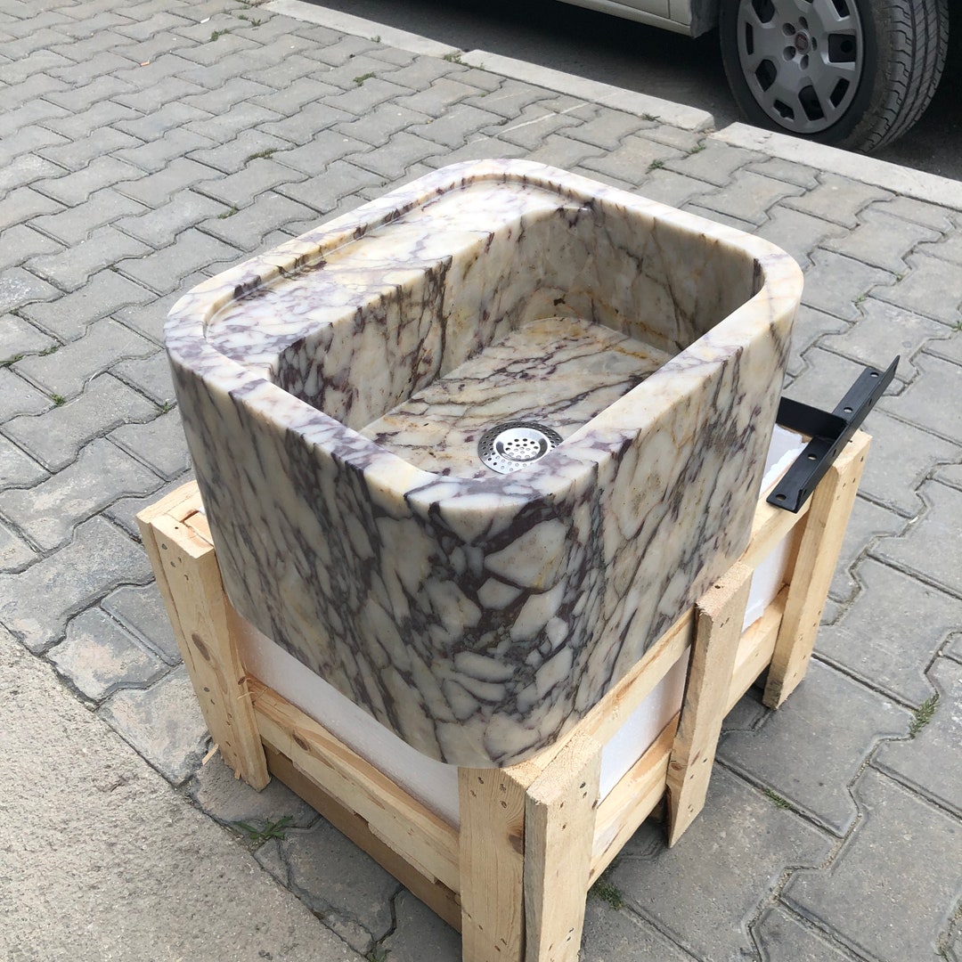 Hand Carved Calacatta Viola Marble Sink: Cube Farmhouse Vanity