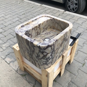 Calacatta Viola Marble Sink - Hand Carved Stone Sink - Wall Mount Vanity - Special Order - Cube Sink - Farmhouse Sink - Bathroom Vanity