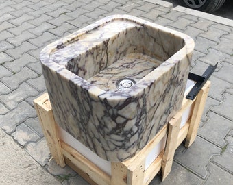 Hand Carved Calacatta Viola Marble Sink: Cube Farmhouse Vanity by MarbleSinkCo