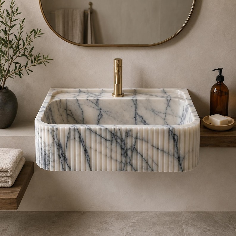 Lilac Marble Sink, Wall Mount Stone Basin, Luxury Powder Room Vanity