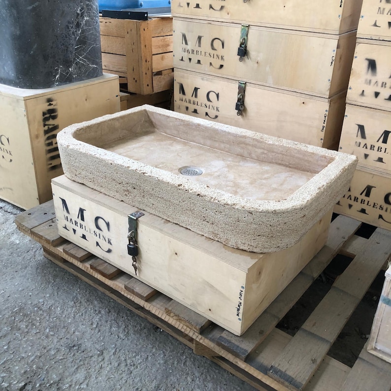 Hand-Carved Travertine Sink - 65x40x10 cm (25.6x15.7x3.9 inç) - Farmhouse & Rustic Bathroom Sink - Countertop/Wall Mounted