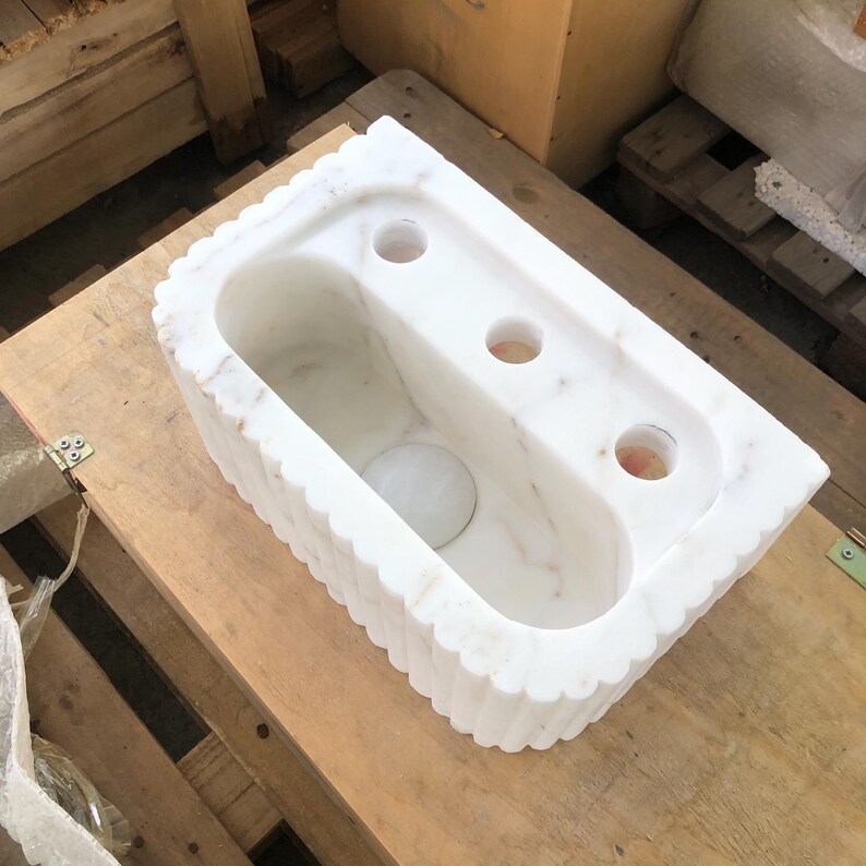 Handmade Fluted Calacatta Gold Marble Sink - Glossy White, Wall-Mounted or Countertop Bathroom Vanity, 35x22x15cm (13.8x8.7x5.9in)