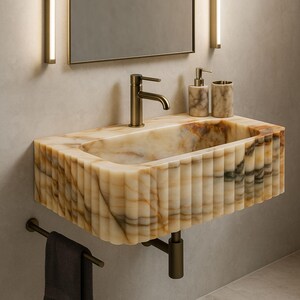 marble bathroom sink, countertop sink, stone bathroom sink, scrubber mounted sink, oval marble sink, custom design sink, white marble sink, natural stone sink, modern marble sink, handmade stone sink, calacatta marble sink, luxury bathroom sink, ribbed sink, Calacatta Macchia Vecchia Marble Sink, Bathroom Vanity
