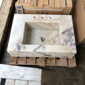 Wall hung Vessel Sink with 3 faucet holes Calacatta Gold Floating Sink, Farmhouse Kitchen Sink, Rough Stone Sink Marble Sink Bathroom Vanity