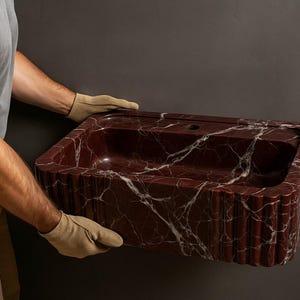 Rosso Levanto Marble Sink – Handmade Red Stone Bathroom Vanity, Wall Mount or Countertop, Custom Size Luxury Sink