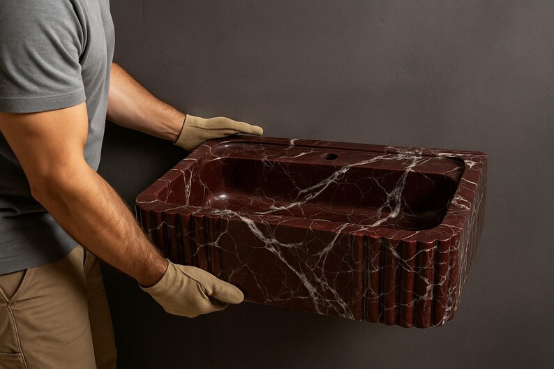 Rosso Levanto Marble Sink – Handmade Red Stone Bathroom Vanity, Wall Mount or Countertop, Custom Size Luxury Sink