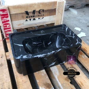 Handmade Black Nero Marquina Marble Wall Mounted Bathroom Sink Floating Luxury Natural Stone Wash Basin