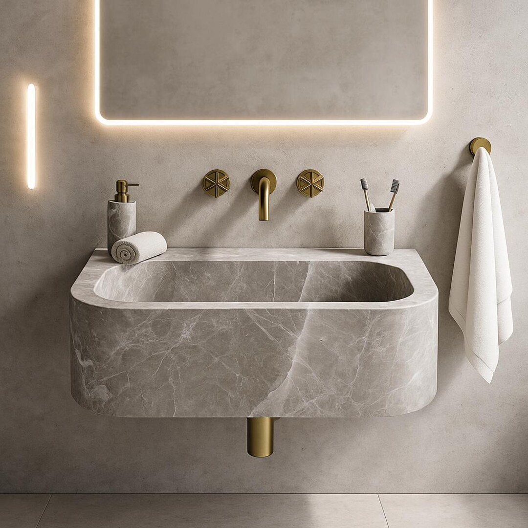 Hand-Carved Marble Bathroom Sink: Custom Wall Mounted Vanity