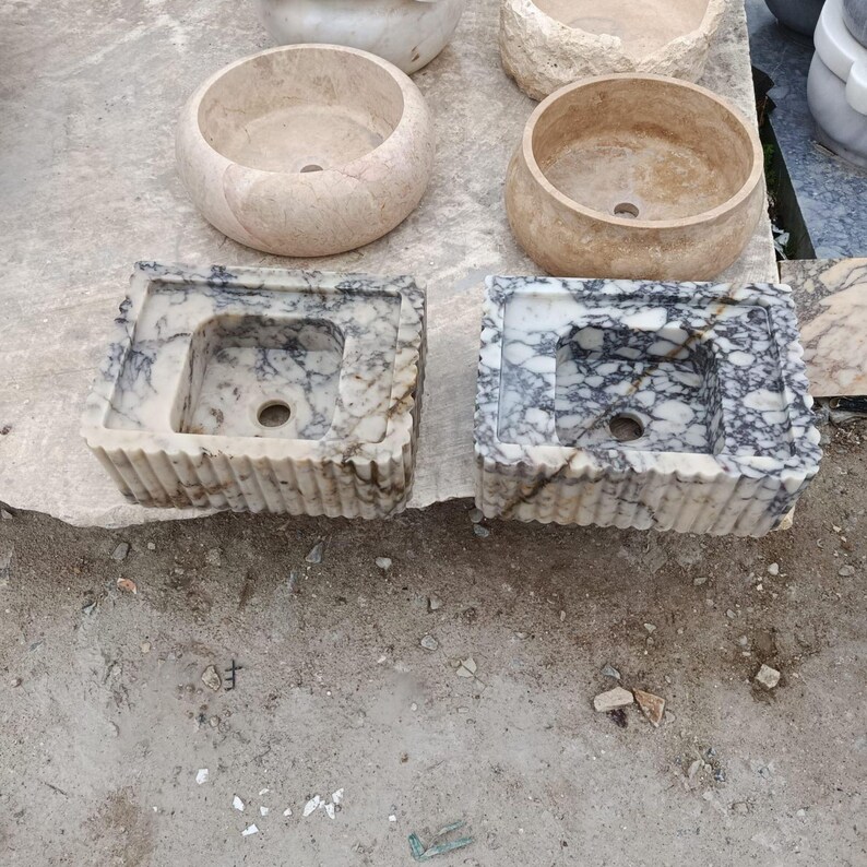 Calacatta Marble Double Sink Set – Hand-Carved, Wall-Mount or Countertop, Bamboo Design, Custom Stone Sink, Custom Marble Sink