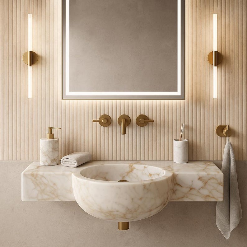 Luxurious wall-mounted Calacatta marble sink carved from a single block. Featuring 3 faucet holes, fluted front design, and floating vanity look. Ideal for modern, minimalist bathrooms. Custom sizes available. Handmade from natural Italian stone. Bathroom sink, marble vanity, stone basin, designer sink, fluted marble, wall mount sink, handmade sink, rectangular sink, luxury bathroom decor.