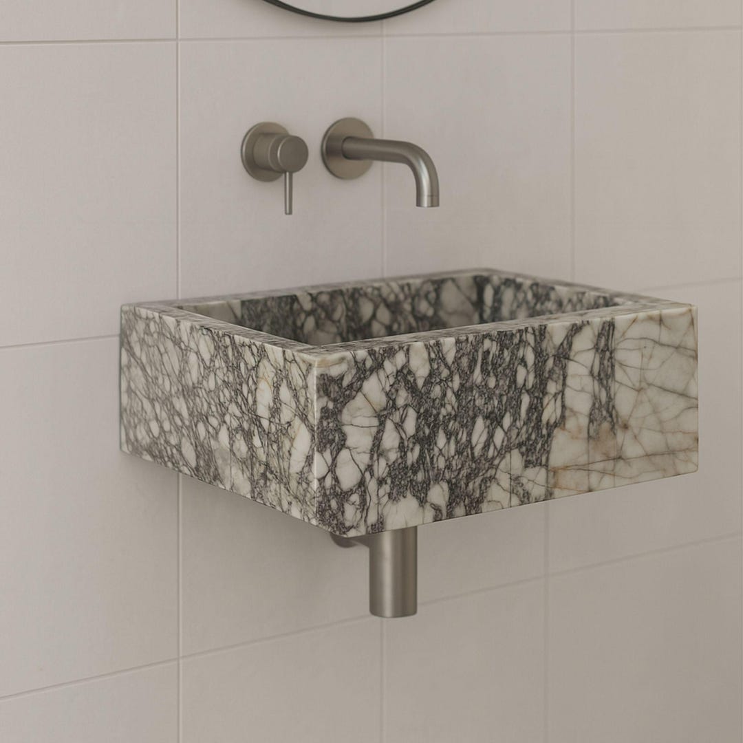Calacatta Marble Wall Mount Sink, Custom Stone Basin, Luxury Bathroom Vanity