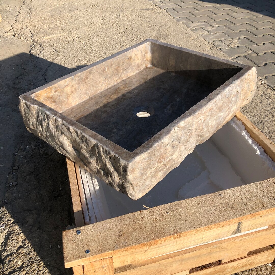 Handcrafted Silver Travertine Marble Sink: Rectangular Bathroom Sink