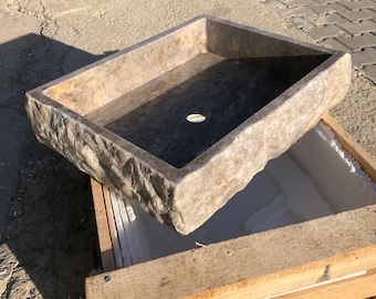 Handcrafted Silver Travertine Marble Sink: Rectangular Bathroom Sink by MarbleSinkCo