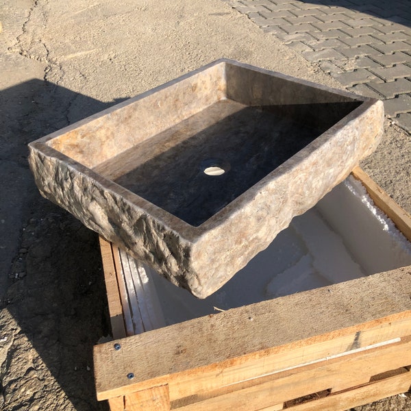 Marble Sink, Natural Stone Sink, Sink For Bathroom, Marble, Sink, Stone Sink, Silver Travertine Thin Edge Rectangular Sink