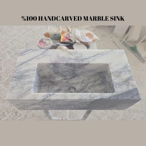 Custom White Marble Floating Sink with Gray Black Veins, Wall Mounted or Countertop Basin, Natural Stone Rectangle Bathroom Vanity
