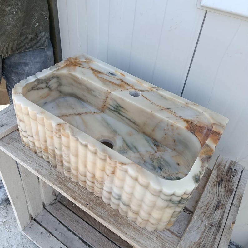 marble bathroom sink, countertop sink, stone bathroom sink, scrubber mounted sink, oval marble sink, custom design sink, white marble sink, natural stone sink, modern marble sink, handmade stone sink, calacatta marble sink, luxury bathroom sink, ribbed sink, Calacatta Macchia Vecchia Marble Sink, Bathroom Vanity