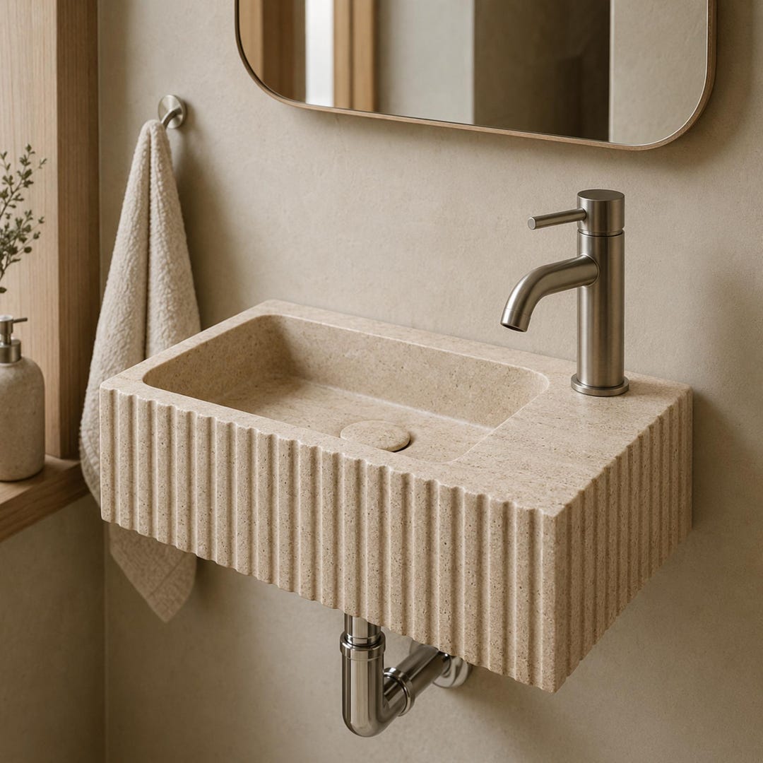 Light Travertine Wall Sink, Fluted Stone Basin, Right Faucet Hole, Small Powder Room Vanity