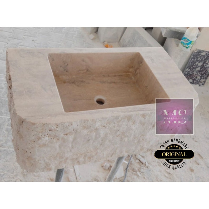 Travertine Rough Chiseled Sink Wall Mount Travertine Sink Marble Bathroom Sink Powder Room Sink Custom Wall Mount Sink with Rough Apron Sink