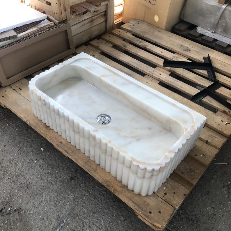 Calacatta Viola Marble Fluted Sink Wall Mount Marble Sink Marble Bathroom Sink Powder Room Sink Custom Vanity Top Natural Stone Marble Sink