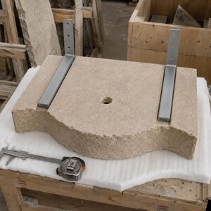 Underside of the travertine sink showing two recessed parallel mounting channels