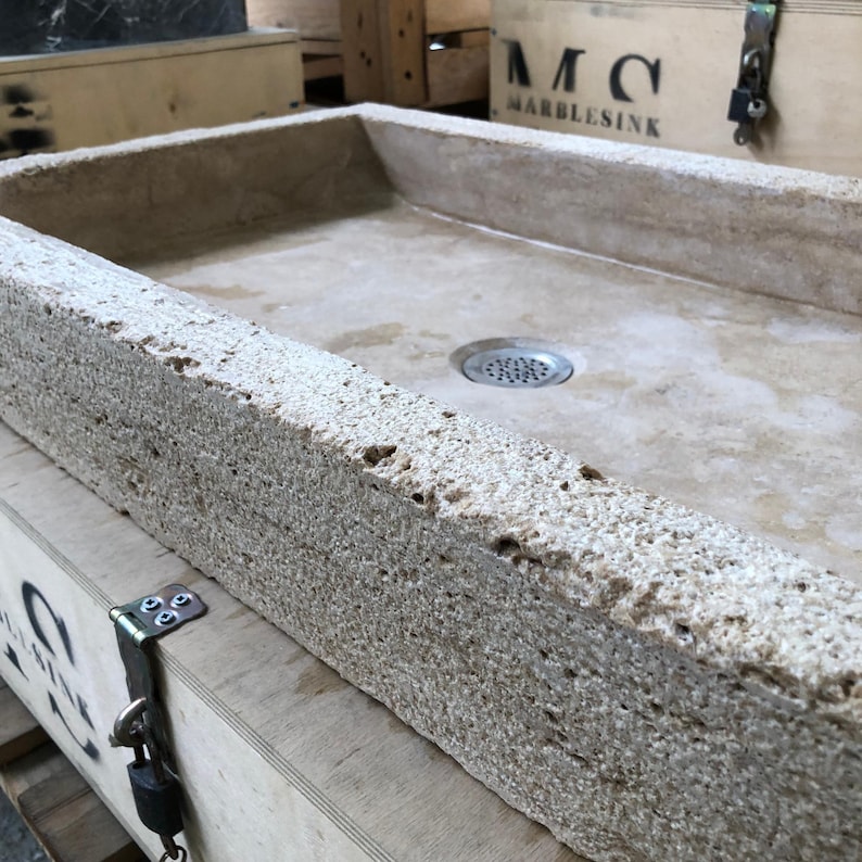 Hand-Carved Travertine Sink - 65x40x10 cm (25.6x15.7x3.9 inç) - Farmhouse & Rustic Bathroom Sink - Countertop/Wall Mounted