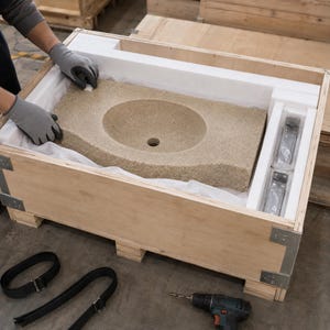 Handcrafted travertine sink protected with dense foam inside a reinforced wooden shipping crate