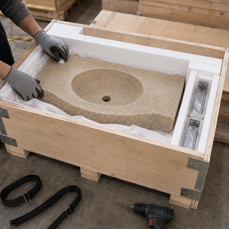 Handcrafted travertine sink protected with dense foam inside a reinforced wooden shipping crate