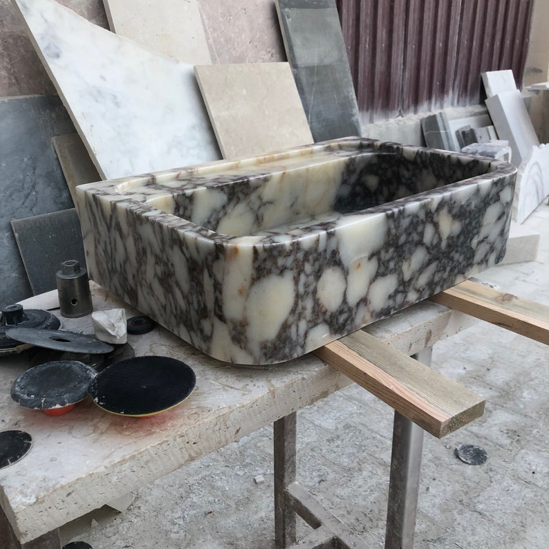 Hand Carved Calacatta Viola Marble Sink: Rectangular Stone Vanity