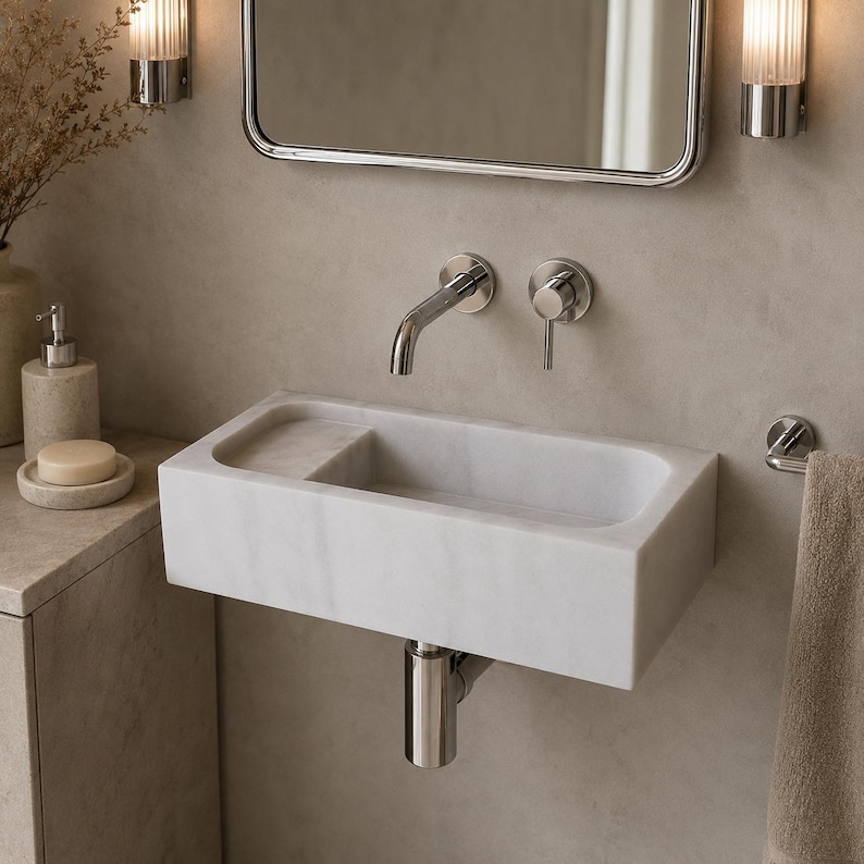 Carrara Marble Sink with Soap Dish, Wall Mount Stone Basin, Small Powder Room Vanity