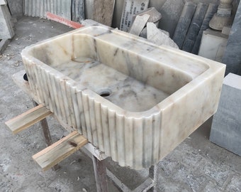 Hand Carved Calacatta Viola Marble Sink: Rectangular Vanity Sink Bathroom Vanities by MarbleSinkCo