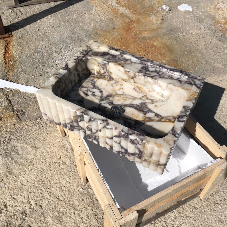 Natural Stone Vessel Bathroom Sink, Chiseled Calacatta Marble Sink, Stone Floating Bathroom Sink, Square Marble Vanity Fluted Vanity Basin