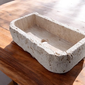 Rough Chiseled Travertine Sink – Wall Mount or Countertop, Etched Travertine Bathroom Sink, Powder Room Stone Sink - Stone Bathroom Vanity
