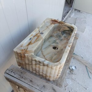 marble bathroom sink, countertop sink, stone bathroom sink, scrubber mounted sink, oval marble sink, custom design sink, white marble sink, natural stone sink, modern marble sink, handmade stone sink, calacatta marble sink, luxury bathroom sink, ribbed sink, Calacatta Macchia Vecchia Marble Sink, Bathroom Vanity