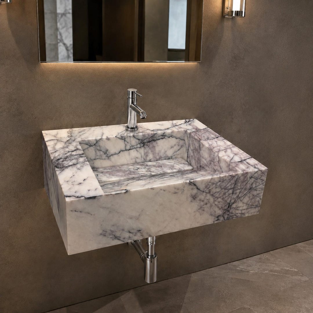 Carrara Marble Wall-Mount Sink Hand-Carved Floating Bathroom Vanity