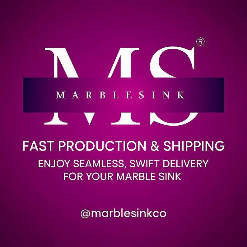 May include: A dark purple graphic featuring the white text "MMC MARBLESINK". Below, it states "FAST PRODUCTION & SHIPPING" and "ENJOY SEAMLESS, SWIFT DELIVERY FOR YOUR MARBLE SINK". The Instagram handle "@marblesinkco" is also displayed in white.