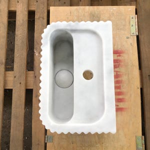 Handmade Glossy White Carrara Marble Sink, Fluted Front, Wall-Mounted or Countertop Vanity, 35x22x15cm Ideal for Bathroom, Office, Farmhouse