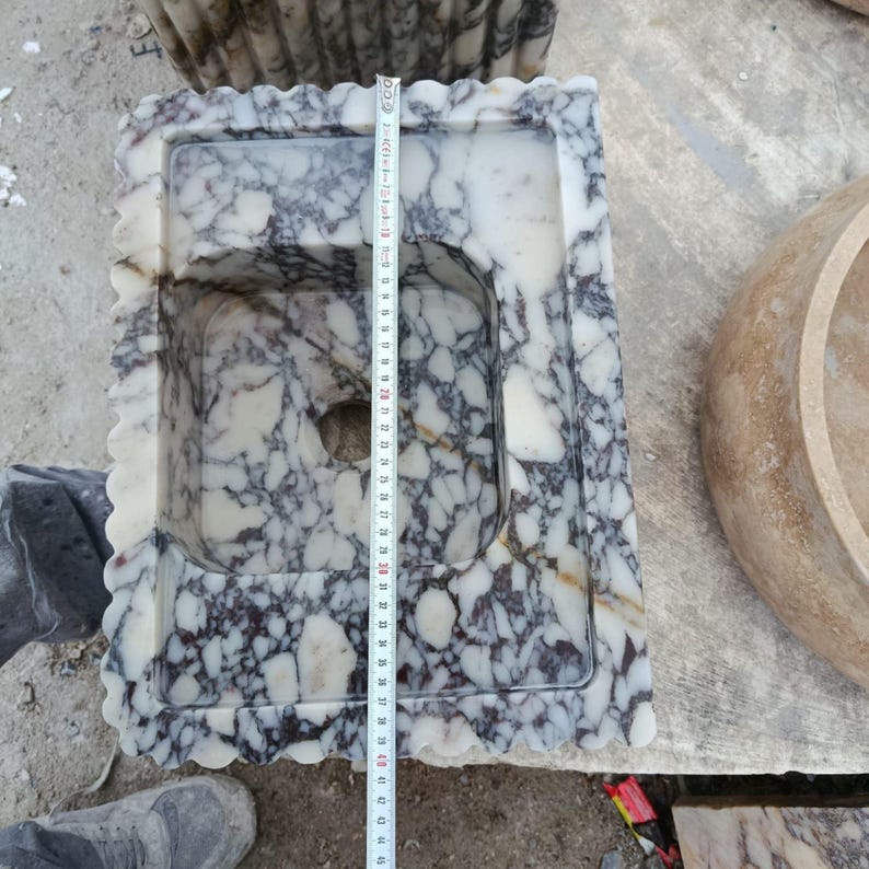 Calacatta Marble Double Sink Set – Hand-Carved, Wall-Mount or Countertop, Bamboo Design, Custom Stone Sink, Custom Marble Sink