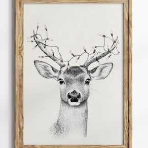 Dibujo de reno lindo, arte de reno navideño, arte de pared navideño, arte de pared imprimible de reno, descarga digital, impresión navideña, colores neutros