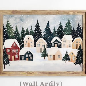 Snowy Village, Winter Village Scene, Christmas Printable Wall Art, Winter Town Landscape Artwork, Holiday Decor Xmas Print, Digital Download
