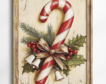 Christmas Candy Cane Printable Wall Art, Holly Berry, Christmas Festive Holiday Art Prints, Farmhouse Kitchen Retro Decor, Digital Download