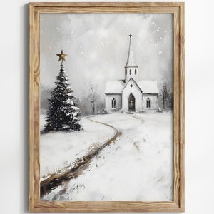 Christmas Printable Wall Art, Snowy Christmas Tree, Church Winter Scene, Christmas Holiday Farmhouse Decor, Neutral Colors Digital Download