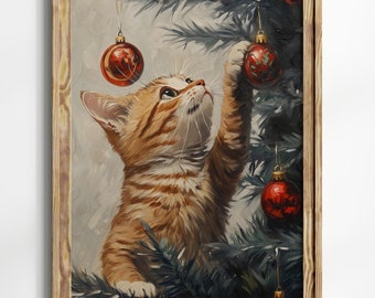 May include: A ginger tabby kitten reaches up to a Christmas tree, trying to grab a red ornament. The kitten is looking up at the ornament with a curious expression. The tree is decorated with red ornaments and green pine needles.