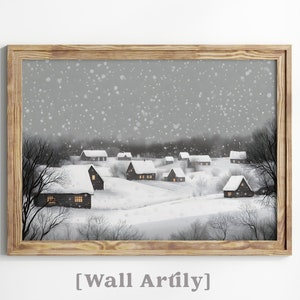 Snowy Village, Moody Winter Village Scene, Christmas Wall Art, Printable Wall Art, Winter Landscape Artwork, Xmas Print, Digital Download